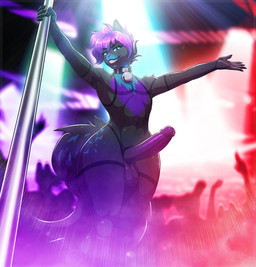 anthro armwear balls bell bell_collar big_penis bodily_fluids clothing collar dancing erection femboy fishnet_armwear fishnet_clothing fishnet_legwear fishnet_topwear fur genital_fluids genitals humanoid_genitalia humanoid_penis legwear looking_at_viewer male penis pole pole_dancing precum presenting public public_erection smile solo strip_club stripper stripper_pole topwear wide_hips tridark domestic_cat felid feline felis mammal hi_res