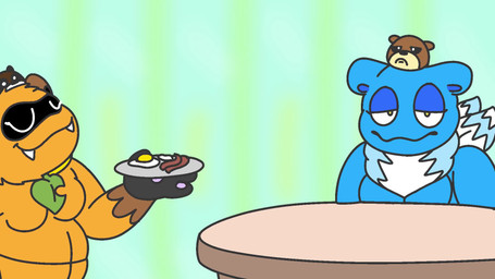 angry anthro bacon blue_body bread collar dialogue evil_grin food furniture inside male meat open_mouth orange_body plate scared shaking sharp_teeth sitting smile stuttering table tail teeth toast tanuki_neyna bear canid canine mammal raccoon_dog species_request tanuki 16:9 2023 animated hi_res short_playtime sound video voice_acted widescreen