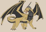 chain feral looking_back male roaring simple_background solo standing tail teal_background wings nathugar mythology nathugar_(character) dragon mythological_creature mythological_scalie scalie flat_colors hi_res restricted_palette tan_theme