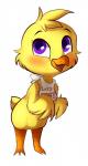 ambiguous_gender anthro anthrofied beak bib blush chibi daww eyebrows feathers fur happy purple_eyes raised_eyebrows semi-anthro smile solo text yellow_body yellow_fur feline-fattale five_nights_at_freddy's scottgames chica_(fnaf) avian bird chicken galliform gallus_(genus) phasianid english_text hi_res