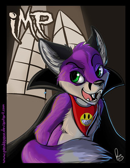 anthro black_cape black_clothing black_ears black_eyebrows black_nose cape clothed clothing eyebrows fangs front_view fur green_eyes kerchief logo male male_anthro neckerchief neckwear open_mouth pink_tongue purple_body purple_fur purple_tail red_kerchief red_neckerchief solo tail teeth tongue white_body white_fur white_tail pandapaco canid canine fox mammal vampire artist_logo signature