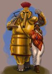 5_fingers anthro armor big_breasts black_hair breasts brown_body brown_skin clothed clothed_anthro clothed_female clothed_human clothing crossbow dress female fingers grey_body grey_skin hair headgear helmet humanoid_hands proboscis_(anatomy) ranged_weapon size_difference solo standing trunk_(anatomy) tusks weapon rayoutofspace asata_(sybarite) madiqen_(sybarite) elephant elephantid human mammal proboscidean absurd_res hi_res