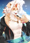 5_fingers abs anthro beach beverage biped black_clothing black_jacket black_nose black_topwear bottomwear brown_inner_ear clothed clothing cloud container countershade_face countershade_fur countershade_legs countershade_torso countershading crotch_tuft cup day detailed_background drinking_straw fangs fingers floppy_ears front_view fur hair highlights_(coloring) holding_beverage holding_container holding_cup holding_object horn humanoid_hands inflatable jacket jewelry kemono looking_at_viewer male multicolored_body multicolored_fur multicolored_hair muscular muscular_anthro muscular_male necklace open_clothing open_jacket open_mouth open_smile open_topwear orange_horn outside pecs pink_tongue ponytail red_hair red_highlights sand seaside short_snout sky smile snout solo standing swim_ring tan_body tan_ears tan_fur teeth three-quarter_view tongue topwear translucent tuft two_tone_body two_tone_fur two_tone_hair v-cut water white_body white_countershading white_fur white_hair yellow_eyes ao_gravity arknights hypergryph studio_montagne hung_(arknights) ambient_bird canid canine canis domestic_dog mammal 2023 absurd_res colored digital_media_(artwork) half-length_portrait hi_res portrait shaded