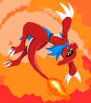 action_pose anthro barefoot blep bottomwear claws clothing feet fire green_eyes jumping loincloth male markings pose red_body scarf solo tongue tongue_out shadowsoulful nintendo pokemon zethe_(shadowsoulful) charmeleon generation_1_pokemon pokemon_(species) reptile scalie hi_res lineless