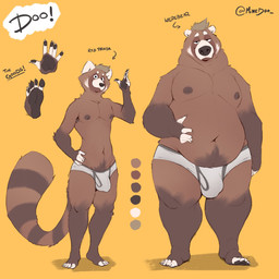 anthro big_bulge biped brown_body brown_fur brown_hair brown_nipples bulge clothing detailed_bulge feet fur fur_markings hair half-closed_eyes looking_at_viewer male male_anthro markings narrowed_eyes nipples overweight overweight_male pawpads simple_background solo standing text underwear white_body white_fur minedoo minedoo_(character) ailurid bear mammal red_panda 1:1 2022 english_text hi_res model_sheet