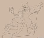 4_toes 5_fingers abs ankle_cuffs anthro arm_tuft armpit_hair balls biceps biped body_hair bound claws cuff_(restraint) elbow_tuft erection fangs feet fingers foreskin furniture genitals grey_background humanoid_genitalia humanoid_penis long_ears lying male mane muscular muscular_anthro muscular_male nipples nude on_back on_table open_mouth patron pawpads pecs penis restraining_table restraints shackles_only simple_background solo table tail tail_tuft teeth toes tuft wrist_cuffs spelunker_sal bandai_namco digimon digimon_(species) felid leomon mammal 2020 digital_media_(artwork) greyscale monochrome