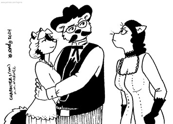 angry anthro belt breasts cleavage clothed clothed_female clothed_male clothing dress eyewear facial_hair female fur glasses gloves group hair half-closed_eyes handwear hat headgear headwear hug love_triangle male mustache narrowed_eyes tail trio whiskers tegerio domestic_cat felid feline felis mammal mephitid skunk 2024 black_and_white character_request monochrome