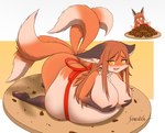 amber_eyes anthro belly big_belly big_breasts bloated bow_ribbon breasts brownies female female_anthro fur gift_wrapped hair hand_on_breast kemono looking_at_viewer multi_tail nude orange_body orange_fur overweight overweight_anthro overweight_female ribbons simple_background solo stuffing tail weight_gain white_body white_fur snacksterslab miyako_(spellsx) canid canine fox mammal absurd_res digital_media_(artwork) hi_res