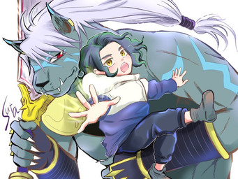 anthro black_body black_fur duo ear_piercing ear_ring fur greatsword hair male melee_weapon muscular muscular_anthro muscular_male piercing red_eyes ring_piercing sword weapon white_hair yellow_eyes sutan_sutata bandai_namco digimon digimon_beatbreak kyo_sawashiro digimon_(species) human mammal murasamemon 4:3