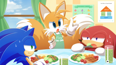 anthro apron beverage biped blue_body blue_eyes blue_fur blue_sky bodily_fluids broccoli clothing cloud container cup cutlery day eating food fork fruit fur furniture gesture gloves green_apron green_clothing green_eyes group half-closed_eyes handwear holding_fork inside kitchen_utensils male meat narrowed_eyes open_mouth plant plate poster purple_eyes red_body red_fur sky standing sweat table tablecloth text text_on_apron text_on_clothing tools trio vegetable white_body white_clothing white_fur white_gloves white_handwear window yellow_body yellow_fur howxu sega sonic_the_hedgehog_(series) knuckles_the_echidna miles_prower sonic_the_hedgehog canid canine echidna eulipotyphlan fox hedgehog mammal monotreme 16:9 2020 digital_media_(artwork) english_text hi_res widescreen