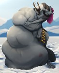 ambiguous_gender antlers beady_eyes belly big_belly black_body black_fur black_nose blurred_background brown_antlers brown_body brown_fur duo eyes_closed fangs female feral fur grey_body grey_fur hair horn huge_belly hyper hyper_belly in_mouth long_hair mouth_closed neck_bulge oral_vore outside pink_hair teeth vore roobin canid canine deer mammal new_world_deer reindeer taur hi_res