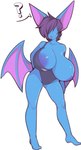 2019 anthro areola big_breasts black_hair blue_areola blue_body blue_nipples breasts camel_toe clothing female generation_1_pokemon hair hair_over_eyes hi_res huge_breasts nintendo nipples one-piece_swimsuit one_breast_out plantpenetrator pokemon pokemon_(species) question_mark solo swimwear wings zubat
