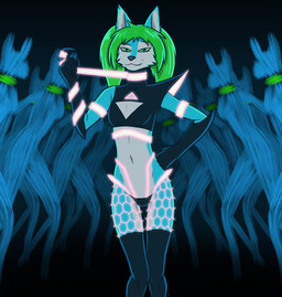 anthro biped black_clothing blue_body blue_fur bottomwear breasts bulge cheek_tuft cleavage_cutout clothing countershade_fur countershading crop_top cutout dipstick_tail facial_tuft fingers fishnet_clothing fishnet_leggings fishnet_legwear fur gloves glowing glowing_accessory glowing_armwear glowing_clothing glowing_leash glowing_legwear glowing_topwear green_eyes green_hair gynomorph hair handwear high_waisted_bottomwear intersex leash leash_pull leggings legwear looking_at_viewer markings midriff multicolor panties pigtails pink_bottomwear pink_clothing pink_leash shirt slim small_breasts solo sweater tail tail_markings thigh_highs topwear tuft turtleneck twintails_(hairstyle) underwear white_body white_fur dawnlux serah_(creamingserah) sophie_(creamingserah) canid canine hybrid mammal hi_res
