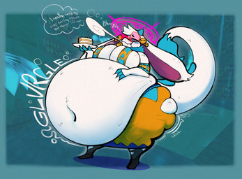 anthro belly big_belly big_breasts blue_background breasts cake clothed clothing dessert eyewear female food glasses halo long_ears overweight simple_background solo stuffing text thought_bubble white_body smokey_blokey atlyss angela_flux kubold_(atlyss) 2024 english_text hi_res