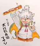 anthro belly bottomwear brown_body brown_fur clothing fur hair katana male melee_weapon one_eye_closed pawpads shorts slightly_chubby solo sword text topknot weapon white_hair wink young young_anthro young_male gingatou726 lifewonders tokyo_afterschool_summoners masashi_(tas) canid canine canis domestic_dog mammal japanese_text