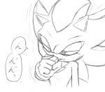 anthro clothing covering covering_mouth covering_own_mouth covering_self fist gloves handwear male solo speech_bubble text kalk427 sega sonic_the_hedgehog_(series) shadow_the_hedgehog eulipotyphlan hedgehog mammal japanese_text monochrome sketch