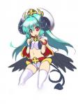 bangle blue_hair blush bottomwear bracelet butt_wings clothing cross_pupils feathered_wings feathers female hair hat headgear headwear horn jewelry legwear long_hair midriff navel pupils red_eyes shorts simple_background solo spade_tail symbol-shaped_pupils tail thigh_highs unusual_pupils unusual_wing_placement white_background white_clothing white_legwear wings johan_(johan13) shinrabanshou arcana_trust demon human humanoid mammal hi_res