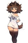 anthro breasts brown_body brown_eyes brown_fur brown_hair clothing collar curvy_figure female fur hair hands_behind_back legwear one_eye_closed shirt smile solo tail tail_motion tailwag tan_body tan_fur text text_on_clothing thick_thighs thigh_highs tight_clothing topwear wavy_hair white_clothing white_shirt white_topwear wide_hips wink typh mimi_(typh) canid canine canis domestic_dog humanoid mammal