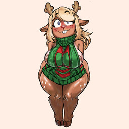 anthro antlers big_breasts blonde_hair blue_eyes blush bottomless breasts brown_body brown_fur buckteeth clothed clothing female freckles fur hair horn looking_at_viewer pose solo sweater sweater_only sweater_vest teeth thick_thighs topwear topwear_only vest virgin_killer_sweater wide_hips skuidart deltarune meme_clothing undertale_(series) noelle_holiday deer mammal new_world_deer reindeer 1:1 absurd_res hi_res meme