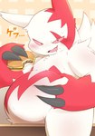 anthro belly belly_rest big_belly blush blush_lines bodily_fluids burger claws cute_fangs eating fluffy fluffy_tail food fur hamburger_bun looking_at_viewer open_mouth overweight pinching_belly pink_eyes smile solo sweat tail text white_body white_fur matchstick_39 nintendo pokemon generation_3_pokemon pokemon_(species) zangoose hi_res japanese_text