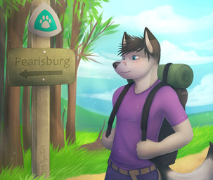 anthro backpack blue_eyes cloud countershading grass male outside plant signpost solo text tree mytigertail canid canine canis domestic_dog mammal 2015 english_text signature