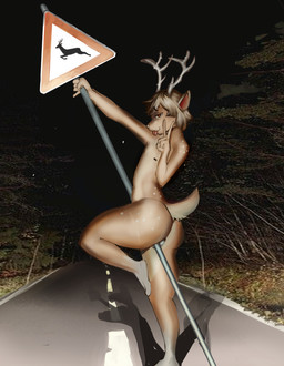 anthro antlers backsack balls big_butt butt deer_crossing deer_in_headlights genitals gesture hand_gesture headlight headlight_eyes horn male night nude outside photo_background red_eyes road signpost solo street tongue tongue_out v_sign narapogi deer mammal absurd_res hi_res mixed_media photography_(artwork)