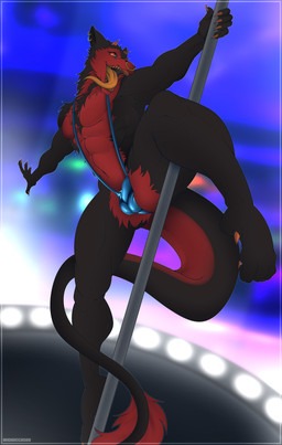anthro athletic balls_outline black_body black_fur black_sclera blue_clothing bulge claws clothed clothing dancing detailed_bulge ear_piercing ear_ring facial_piercing feet fur genital_outline horn latex latex_clothing latex_underwear long_tail long_tongue looking_at_viewer male multicolored_body multicolored_fur muscular nose_piercing nose_ring one-piece_swimsuit open_mouth penis_outline piercing pole pole_dancing pose red_body red_fur ring_piercing septum_piercing slim sling_bikini smile solo stage stripper stripper_pole swimwear tail teeth tight_clothing tongue tongue_out underwear underwear_only baogacc mythology nota_wordsanna dragon hybrid mammal mythological_creature mythological_scalie scalie sergal absurd_res hi_res
