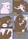 anthro blush breath brown_body brown_fur chest_tuft dialogue fur green_eyes hug male pink_body pink_eyes pink_fur simple_background size_difference smaller_male speech_bubble text text_box tuft tusks okadu canid canine fox mammal suid suina sus_(pig) wild_boar 2016 comic english_text hi_res