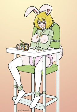 ageplay annoyed anthro baby_food bdsm blonde_hair blush bondage bound breasts brown_eyes clean_diaper cleavage_cutout clothing container cutlery cutout diaper exposed_breasts female food food_on_breasts food_on_face fur hair handwear high_chair infantilism jar kitchen_utensils legwear messy_eater nipples pink_diaper puffed_tail restraints roleplay simple_background sitting solo spoon stockings straitjacket thigh_highs tools white_body white_fur floofnfluff one_piece carrot_(one_piece) animal_humanoid humanoid lagomorph lagomorph_humanoid mammal mammal_humanoid minkmen_(one_piece) absurd_res hi_res signature