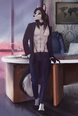 4_toes abs anthro barefoot biped black_body black_fur black_hair black_nose blue_eyes bottomwear chair clothed clothing computer day desk detailed_background electronics feet fingerless_(marking) front_view fur furniture hair hand_in_pocket inside jacket lamp laptop looking_at_viewer male map nipples open_clothing open_jacket open_topwear pants partially_clothed pockets solo standing table toeless_(marking) toes topwear white_body white_fur window ariannafray_pr canid canine canis domestic_dog mammal digital_media_(artwork) full-length_portrait hi_res portrait