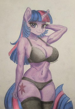 abs anthro arm_tuft black_bra black_clothing black_panties black_underwear bra breasts cleavage clothed clothing cutie_mark female hand_behind_head horn looking_at_viewer navel panties purple_body purple_eyes shoulder_tuft simple_background smile smiling_at_viewer solo tuft underwear mrcellophane18 friendship_is_magic hasbro my_little_pony mythology twilight_sparkle_(mlp) equid equine mammal mythological_creature mythological_equine unicorn absurd_res colored_pencil_(artwork) hi_res traditional_media_(artwork)