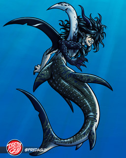 asymmetrical_arms asymmetry big_hair black_hair dorsal_fin fangs fin floating floating_hair hair horn long_ears looking_at_viewer looking_back markings mermaid_tail mermaidification shark_fin shark_tail split_form spots spotted_body striped_body stripes swimming teeth underwater water predaguy mermay lucian_(kiru) aquatic carpet_shark fish hybrid merfolk requiem_shark shark tiger_shark whale_shark 4:5 hi_res