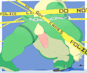 5_toes anthro backsack balls barefoot barricade_tape bdsm bondage bound chain chained clothing countershade_feet countershading cuff_(restraint) erection feet foot_focus genitals hands_behind_back hat hat_only headgear headgear_only headwear headwear_only humanoid_feet humanoid_genitalia humanoid_penis male metal_cuffs mostly_nude muscular muscular_anthro muscular_male non-mammal_balls nude penis plantigrade police_tape restrained restraints shackles soles solo spread_legs spreading submissive submissive_male toes grandall_(artist) grandall_(character) alligator alligatorid crocodilian reptile scalie 6:5