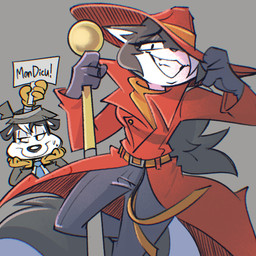 alternate_universe anthro belt black_body black_fur bodily_fluids bottomwear cane clothing coat countershading cybernetics duo female female_focus fur gloves hair handwear long_hair looking_at_viewer looking_away machine male pants red_fedora red_trenchcoat robotic_arm smile sweat sweatdrop teeth teeth_showing text topwear trenchcoat white_body white_fur jusrhkuhoh carmen_sandiego_(franchise) inspector_gadget_(franchise) looney_tunes warner_brothers penelope_pussycat pepe_le_pew cyborg domestic_cat felid feline felis mammal mephitid skunk crossover french_text hi_res