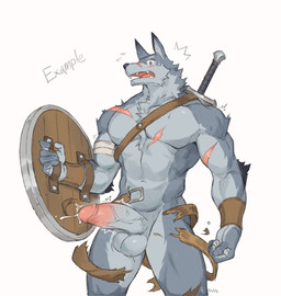 anthro balls biceps big_muscles big_penis blue_eyes blush bodily_fluids chest_tuft clothing deltoids erection fur genitals grey_body grey_fur humanoid_genitalia humanoid_hands humanoid_penis male melee_weapon muscular muscular_anthro muscular_male navel pecs penis scar shield solo sweat sweatdrop sword tuft vein veiny_penis wardrobe_malfunction warrior weapon paintballx99 canid canine canis mammal wolf hi_res