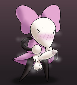 anthro blush bodily_fluids bow_ribbon clothed clothing dripping eyes_closed genital_fluids genitals gynomorph heat_(temperature) intersex partially_clothed penis precum precum_drip solo standing sweat white_body dukeofsnailplace regretevator mozelle hi_res