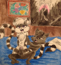 ambiguous_fluids anthro anthro_on_anthro balls black_body black_fur chest_tuft clitoris close-up cutaway cute_fangs duo eyelashes fangs female female_penetrated from_behind_position fur genitals holding_another's_arm looking_at_another lying male male/female male_penetrating male_penetrating_female markings narrowed_eyes nude nude_anthro nude_female nude_male on_back on_bottom on_top open_mouth penetration penile penile_penetration penis_in_vagina picture_on_wall pillow pink_vulva reverse_cowgirl_position sex slim striped_markings striped_tail stripes tail tail_markings teeth tuft vaginal vaginal_penetration vulva white_body white_fur young young_anthro young_female young_male young_on_young puku83 chi-chi_lemur panisha hybrid lemur mammal primate ring-tailed_lemur strepsirrhine 2016 hi_res traditional_media_(artwork)