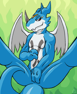 ambiguous_gender anthro bedroom_eyes countershading covering covering_crotch covering_self front_view half-closed_eyes legs_up narrowed_eyes nude pose seductive solo spread_legs spreading tail conditional_dnp grumpyvulpix bandai_namco digimon mythology digimon_(species) dragon exveemon mythological_creature mythological_scalie scalie aliasing digital_media_(artwork) hi_res pinup signature