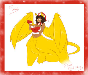 animal_ears black_hair breasts brown_body brown_skin christmas_clothing christmas_headwear clothing crop_top female fur gloves hair handwear hat headgear headwear holidays looking_at_viewer markings neckwear santa_hat shirt solo tail topwear wings yellow_body yellow_fur averyshadydolphin christmas egyptian_mythology middle_eastern_mythology mythology animal_humanoid felid felid_humanoid humanoid mammal mammal_humanoid mythological_creature mythological_sphinx sphinx_humanoid 2015 signature unavailable_at_source