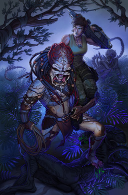 ambiguous_gender blood bodily_fluids bottomwear breasts clothed clothing colored_blood dreadlocks female fern forest fully_clothed green_blood group gun hair loincloth nipples plant plantigrade ranged_weapon rifle science_fiction sharp_teeth short_hair teeth tree unusual_blood unusual_bodily_fluids weapon kahito-slydeft lurelin alien_(franchise) alien_vs._predator_(franchise) predator_(franchise) dju'hara_(lurelin) harvisa_allen_(lurelin) alien alien_humanoid human humanoid mammal xenomorph yautja 2018 artist_collaboration hi_res female_(lore)