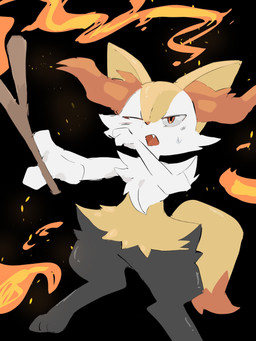 ambiguous_anthro ambiguous_gender anthro biped black_background bodily_fluids cute_fangs digitigrade dipstick_tail dutch_angle elemental_manipulation embers fangs fire fire_manipulation front_view holding_object holding_stick inner_ear_fluff markings one_eye_closed open_mouth simple_background snout solo standing stick sweat sweatdrop tail tail_markings teeth tongue tuft hp7car7nxrq5s7q nintendo pokemon braixen canid generation_6_pokemon mammal pokemon_(species) 2026 3:4 digital_drawing_(artwork) digital_media_(artwork) full-length_portrait hi_res portrait
