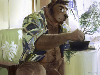5_fingers anthro beard biped bonsai bottomless brown_body brown_fur brown_hair clothed clothing eyewear facial_hair fingers flaccid fur furniture gardening genitals glasses hair inside leaf male navel nude on_sofa penis plant shirt shirt_only sofa solo topwear topwear_only tree mokejumps bear mammal 2025 4:3 hi_res