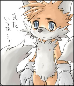 5_fingers anthro balls blue_eyes clothing fingers flaccid fur genitals gloves handwear happy male navel nipples penis simple_background solo text white_background yellow_body yellow_fur young young_anthro young_male konsuke sega sonic_the_hedgehog_(series) miles_prower canid canine fox mammal 2004 archived_source japanese_text low_res translated