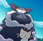 2024 :< anthro big_breasts biped bodily_fluids breasts cleavage cleavage_cutout clothed clothing cloud cutout domestic_cat dress duo felid feline felis female frown generation_1_pokemon generation_4_pokemon hi_res larger_female looking_down_at_another looking_up_at_another looming looming_over low-angle_view male mammal meowth narrowed_eyes nintendo outside pokemon pokemon_(species) purugly size_difference sky smaller_male spidernickels standing sweat sweatdrop whiskers yellow_sclera