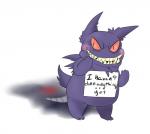 ambiguous_gender anthro blush conversational_sign fur hanging_sign humor looking_at_viewer placard pupils purple_body purple_fur red_eyes shadow sign simple_background slit_pupils smile solo teeth text wearing_sign white_background neon-psycho dogshaming nintendo pokemon generation_1_pokemon gengar pokemon_(species) 2014 english_text meme