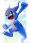 2021 3_toes 5_fingers action_pose ambiguous_gender bandai_namco belly biped blue_body blue_skin border butt claws cloud digimon digimon_(species) digital_media_(artwork) fangs featureless_crotch feet feral finger_claws fingers happy hi_res looking_at_viewer markings multicolored_body multicolored_skin open_mouth open_smile pose red_eyes shinbiko7 sky smile solo tail teeth thick_tail toe_claws toes tongue two_tone_body two_tone_skin veemon white_belly white_body white_border white_skin wide_crotch yellow_markings