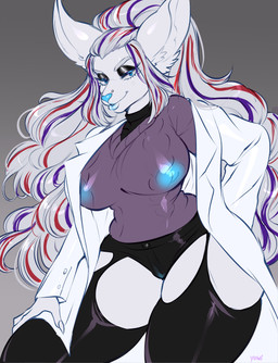 anthro bottomwear claws clothing coat female finger_claws hair lab_coat looking_at_viewer makeup multicolored_hair nipples_visible_through_clothing shorts skimpy_bottomwear solo topwear yuwi-cyu fan_character canid canine fox mammal hi_res