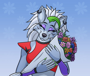 5_fingers anthro armwear black_nose bouquet breasts clothed clothing colored_nails ear_piercing female fingers flower fur green_nails grey_body grey_fur hair happy nails piercing plant shirt solo topwear white_hair s7v8 five_nights_at_freddy's five_nights_at_freddy's:_security_breach scottgames steel_wool_studios roxanne_wolf canid canine canis mammal wolf 2025 digital_media_(artwork) shaded