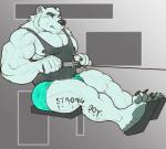 2018 anthro bear biceps big_muscles body_writing bottomwear bulge claws clothing english_text exercise fur hair male mammal muscular muscular_anthro muscular_male nightterror nipples pecs polar_bear shirt shorts simple_background solo tank_top text text_on_body topwear ursine vein writing_on_thigh