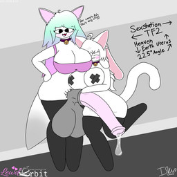 4_ears animal_genitalia animal_penis balls bell bell_collar big_balls big_breasts blush blush_lines bodily_fluids bottomless bra breasts cat_tail cleavage clothed clothing collar crop_top dripping duo equine_genitalia equine_penis female fox_tail fur genital_fluids genitals gradient_hair grey_balls hair half-erect herm herm/female huge_balls hyper hyper_balls hyper_genitalia indoor_nudity inside intersex intersex/female legwear long_hair multi_ear nipple_tape open_mouth partially_clothed pasties penis pink_penis precum precum_drip profanity pupils shirt simple_background tape text thigh_highs throbbing throbbing_penis topwear underwear white_body white_fur lewdorbit ash_(asuubi_aka-2) isky_aurora_(character) canid canine domestic_cat felid feline felis fox humanoid hybrid lagomorph leporid mammal rabbit 1:1 absurd_res digital_drawing_(artwork) digital_media_(artwork) hi_res signature